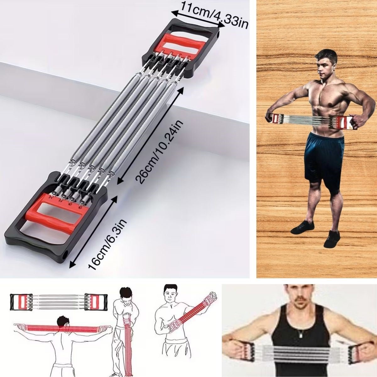 BUFFER® Göğüs Genişletme ve Kuvvet Egzersiz Aleti - 5 Yaylı 5 Kademeli Ayarlanabilir Fitness ve Kuvvet Antrenmanı Ekipmanı - UcuzaGeliyor