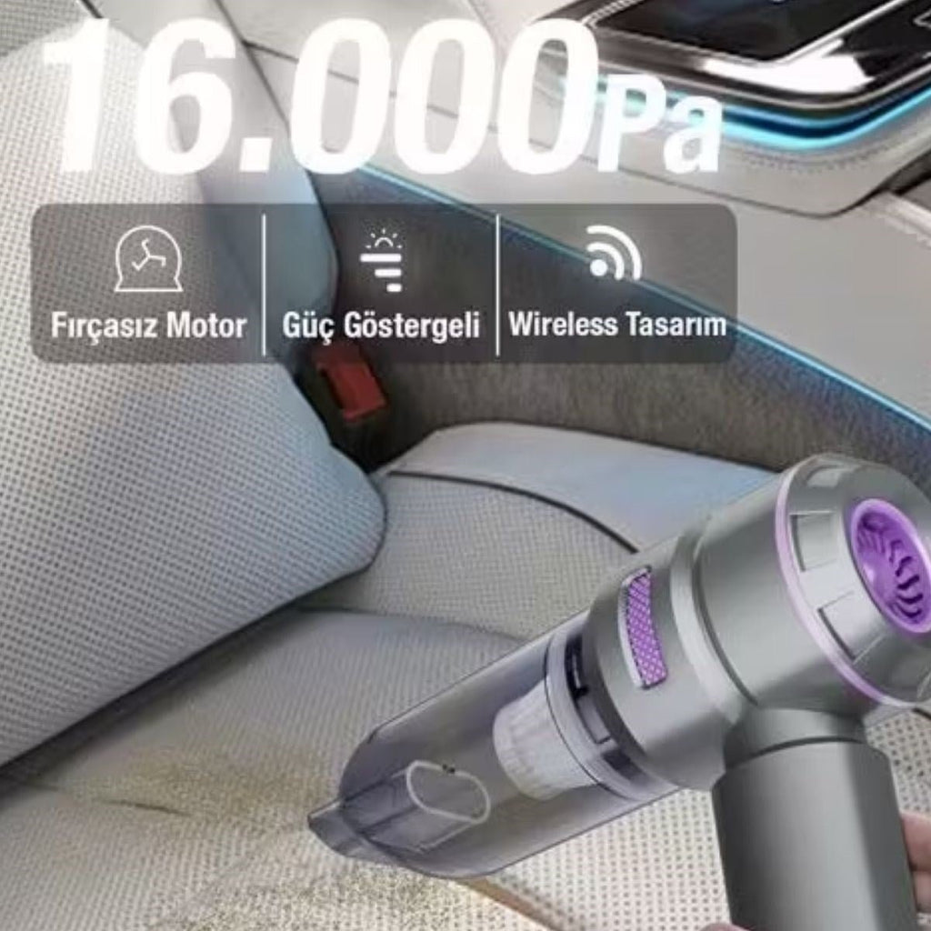 BUFFER® 9 Farklı Uçlu Kablosuz Şarjlı Araç İçi Süpürge - Wireless Destekli, Güçlü Emiş, Taşınabilir Pratik Araç Temizleyici - UcuzaGeliyor
