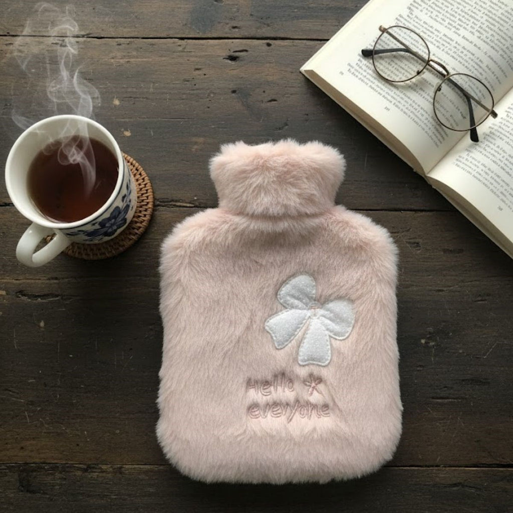 Hello Everyone Yazılı Kurdeleli Pembe Peluş Sıcak Su Torbası 1 Lt - Yumuşak Kılıf, Uzun Süre Sıcak Tutan Termal Su Torbası