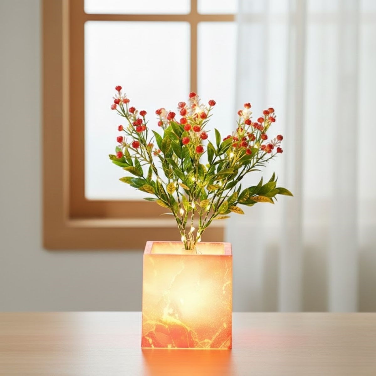 Işıklı Yapay Çiçek - Pembe Saksılı LED Dekoratif Bitki, Masaüstü ve Ev Ofis Aydınlatmalı Süs Bitkisi