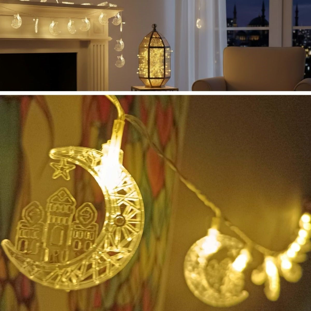 Hilal ve Cami Şekilli 3.5 Metre USB LED Işık - 20 LED li Dekoratif Ramazan Dekorasyonu ve Ortam Aydınlatması