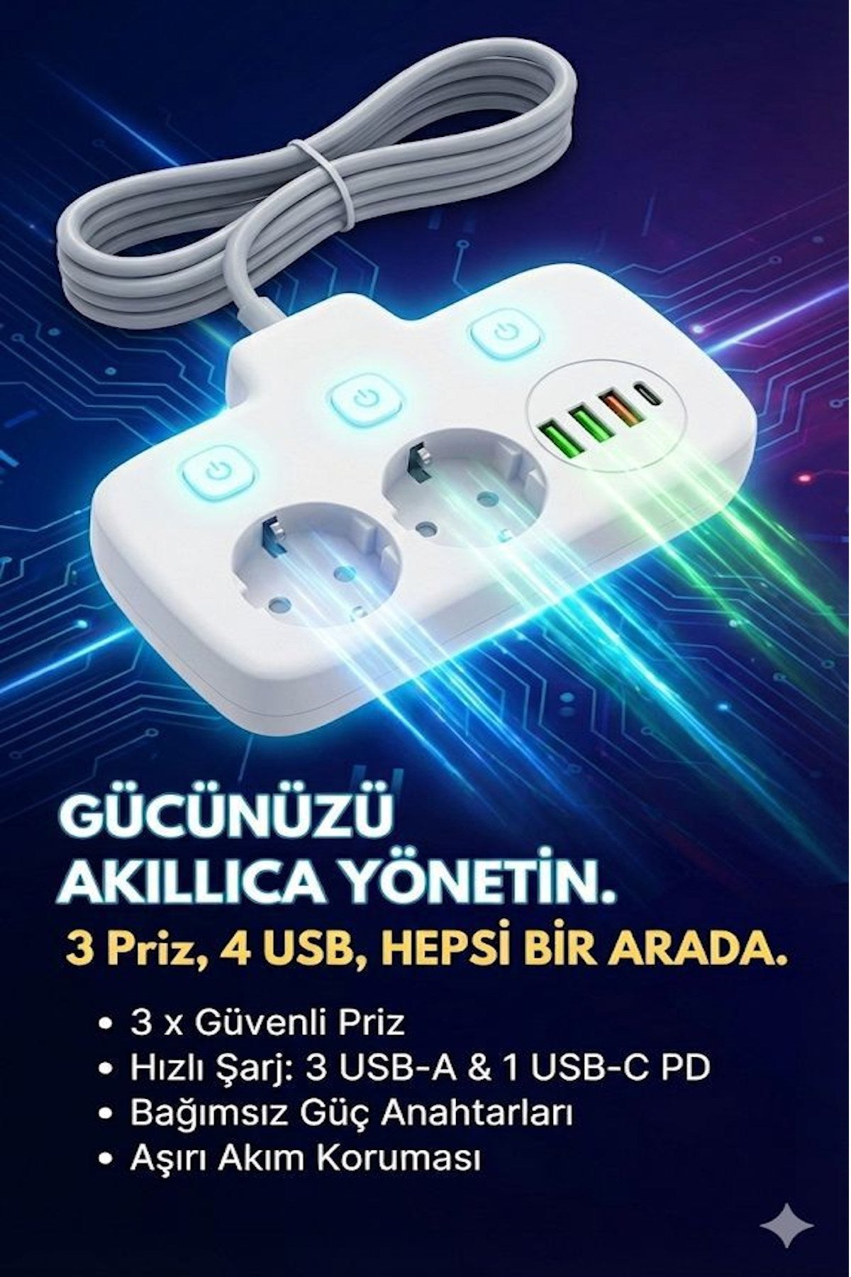 2500W Güçlü Akım Korumalı 3 USB + Type-C Portlu Çoklu Priz | Hızlı Şarj, Çocuk Kilidi, 850°C Yanmaz Malzeme