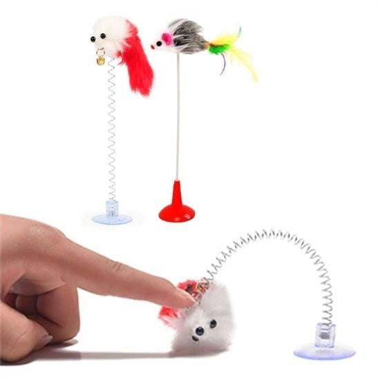 GENEL® 2li Vantuzlu Fareli Tüylü Hareketli Çanlı ve Esneyen Eğlenceli Peluş Kedi Oyuncağı - UcuzaGeliyor