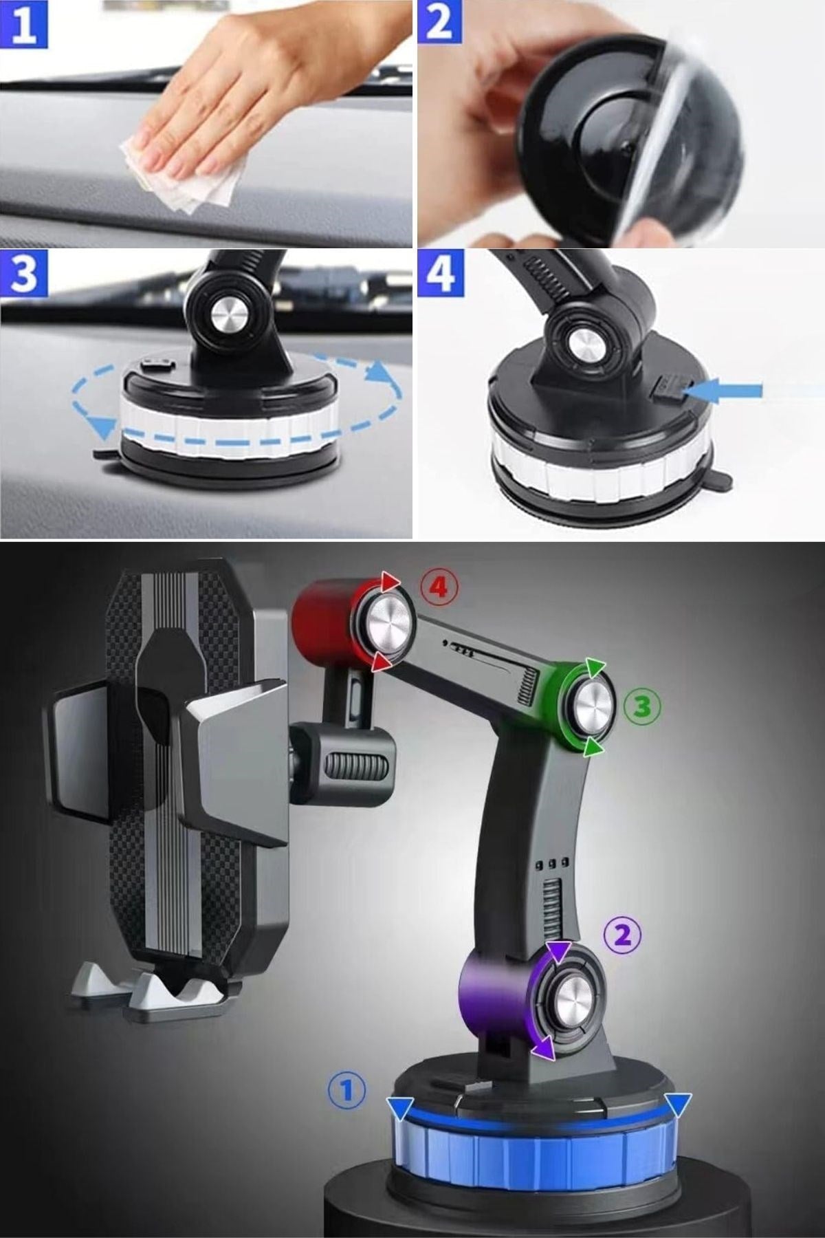 BUFFER® Jel Vantuzlu Cama Takılabilen Güçlü 360 Derece Dönebilen Ayarlanabilir Araç Içi Vantuzlu Telefon Tutucu