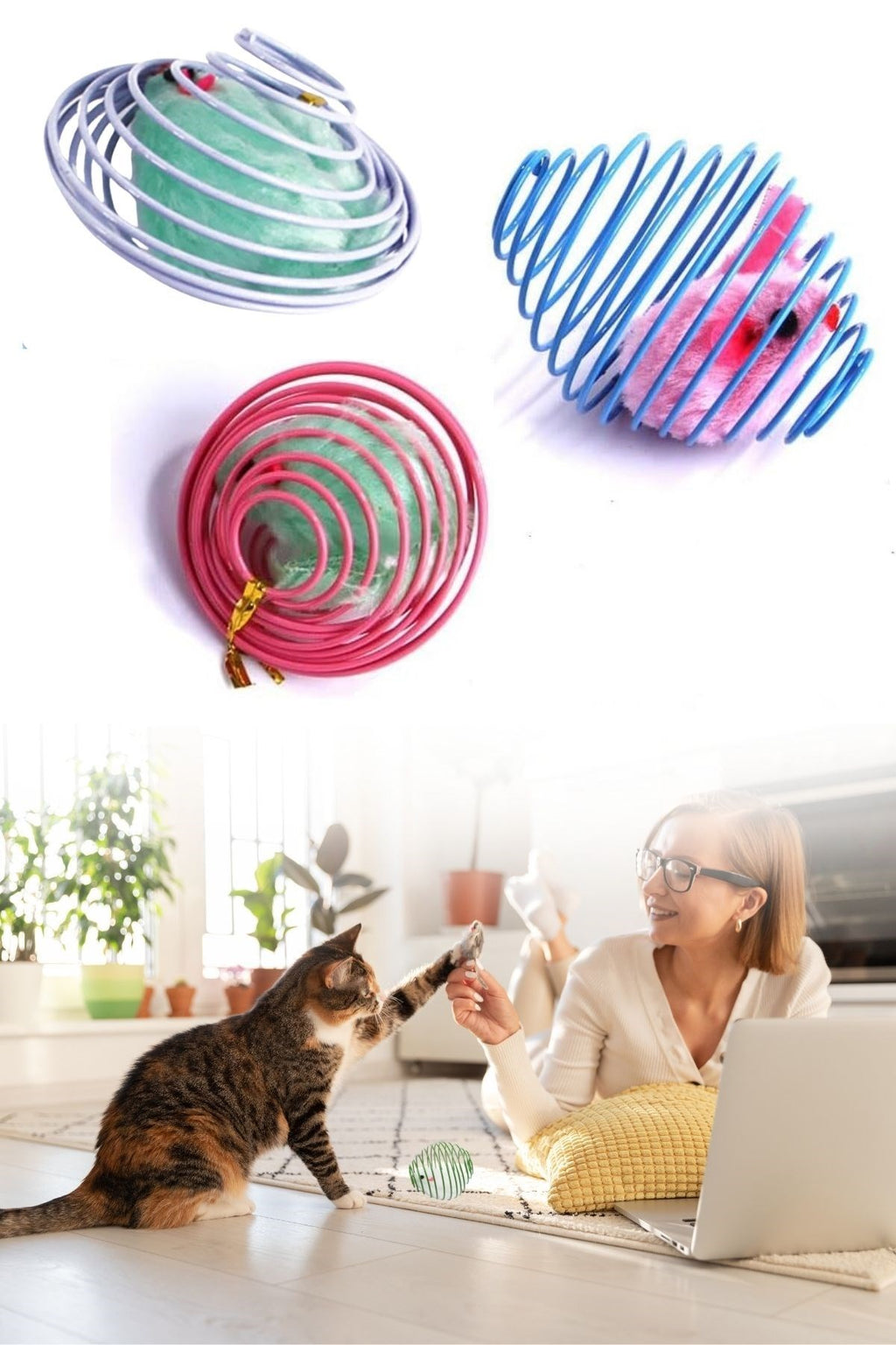 BUFFER® Yaylı Metal Fareli Kafes Kedi Oyun Topu Sıçrayan Spiral Kedi Topu