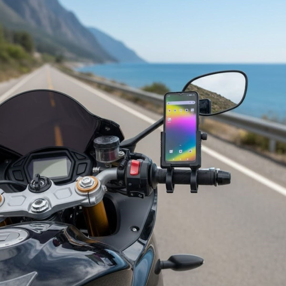 Evrensel Motosiklet Telefon Tutucu - Kaymaz, Kilitlenebilir Güvenli Tutuşlu, 360° Ayarlanabilir Gidon Bağlantılı Akıllı Telefon Aparatı