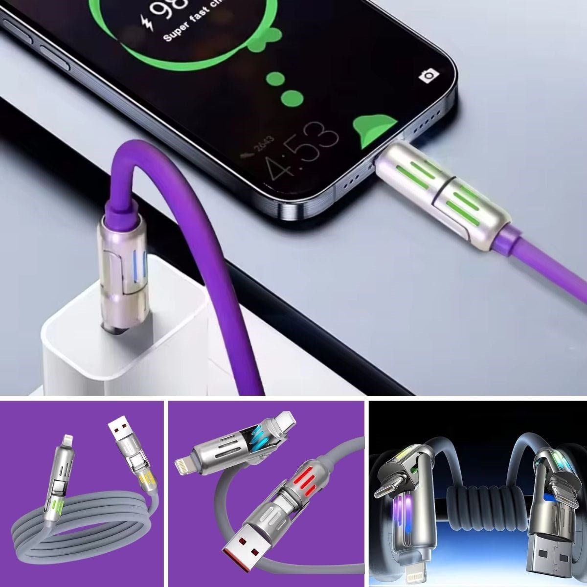 BUFFER® 4'ü 1arada Hızlı Şarj Etme Özellikli Bir Ucu TYPE - C ve USB - A Diğer Ucu TYPE - C ve Lightning Uçlu 240W Şarj Kablosu - UcuzaGeliyor