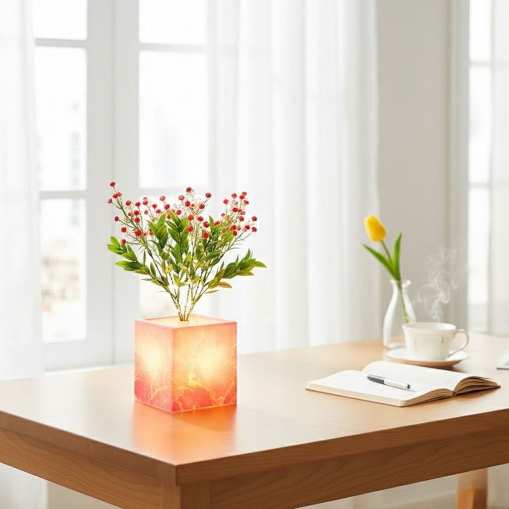 Işıklı Yapay Çiçek - Pembe Saksılı LED Dekoratif Bitki, Masaüstü ve Ev Ofis Aydınlatmalı Süs Bitkisi