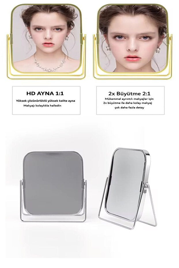 Gümüş Renk Ayarlanabilir KARE Metal Ayaklı Masa Üstü Makyaj Aynası -360° Döner,Şık Dekoratif Tasarım