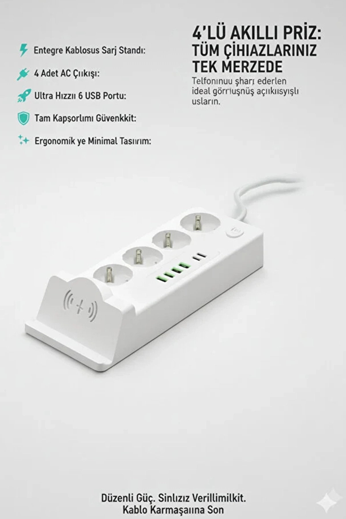 Akım Korumalı Priz Ve Masaüstü Şarj İstasyonu Kablosuz 4 Priz ,4 Usb, 2 Type-c Girişli 2 Metre