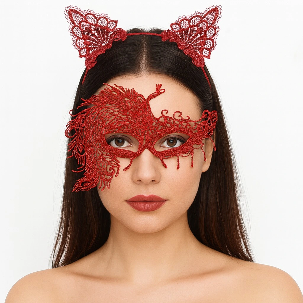 Alevin Zarafeti Kırmızı Dantel Maske Ve Taç Seti 4 No - Kadın Kostüm Tamamlayıcı