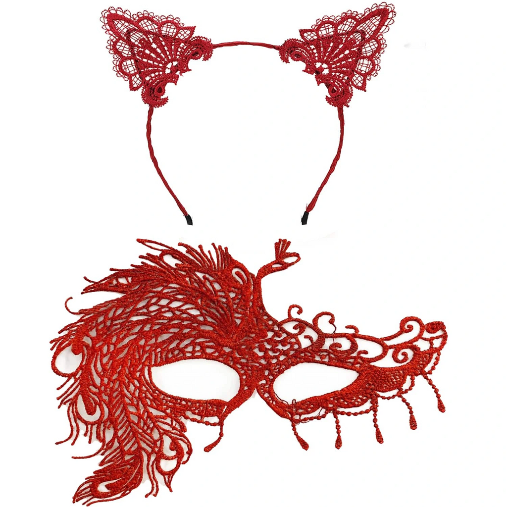 Alevin Zarafeti Kırmızı Dantel Maske Ve Taç Seti 4 No - Kadın Kostüm Tamamlayıcı