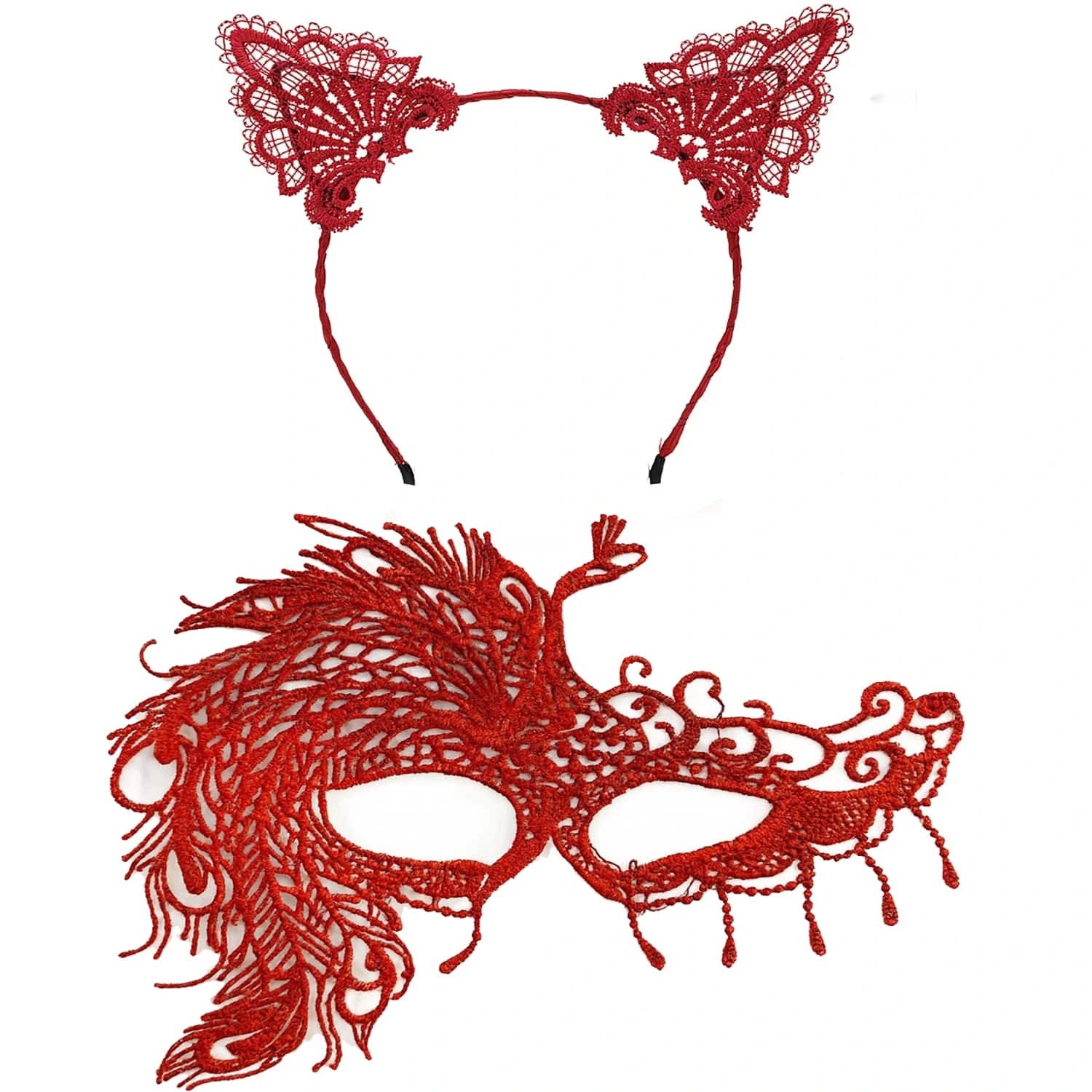 Alevin Zarafeti Kırmızı Dantel Maske Ve Taç Seti 4 No - Kadın Kostüm Tamamlayıcı