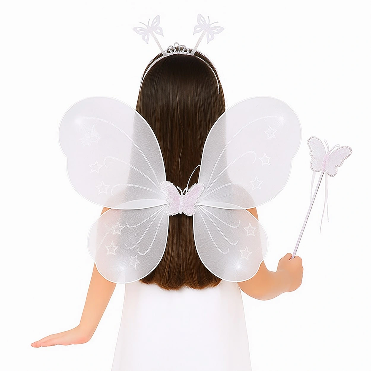 Beyaz Kelebek Kız Seti - 50 Cm Kelebek Kanadı, Taç Ve Asa