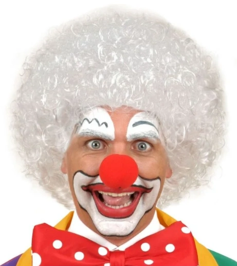 Beyaz Renk Kıvırcık Afro Bonus Peruk Saç Ve Kırmızı Sünger Burun Seti