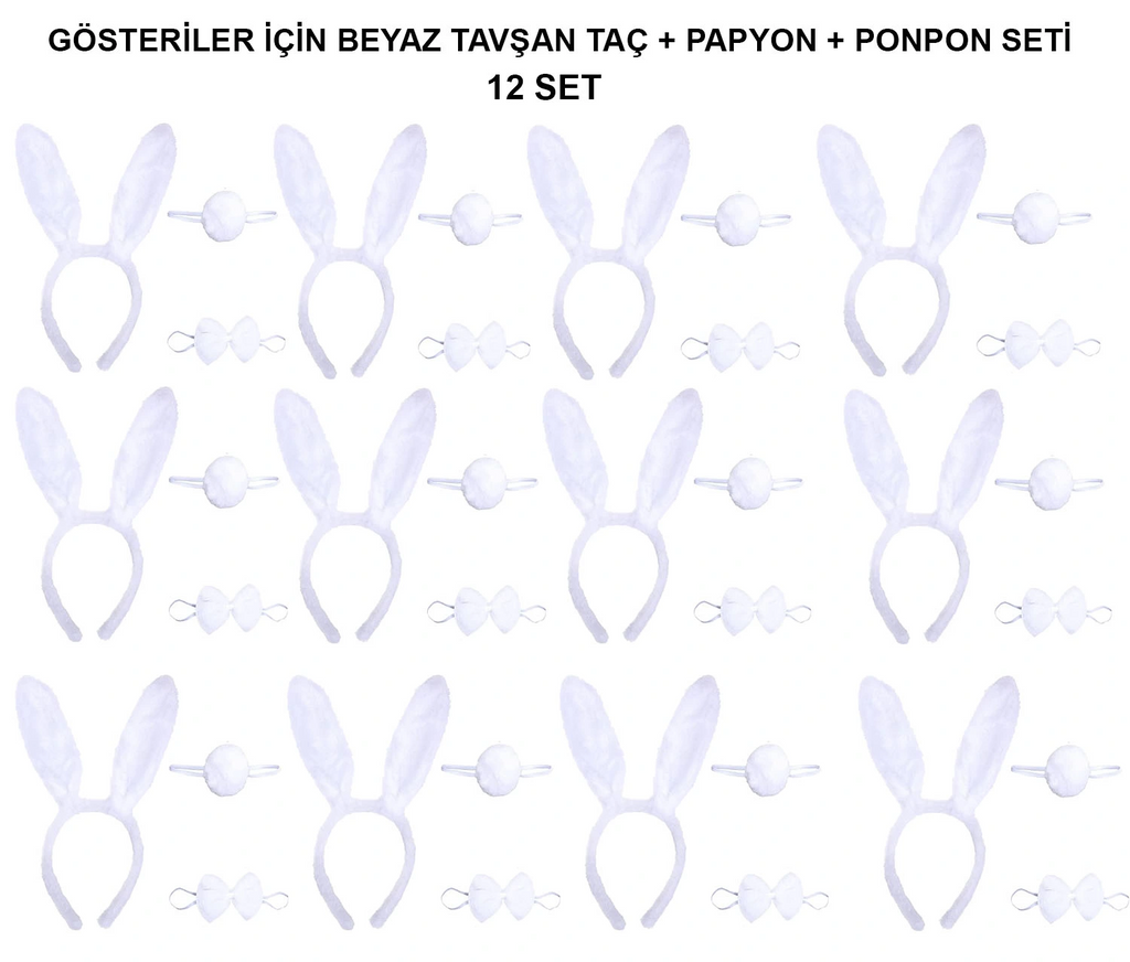 Beyaz Tavşan Kostüm Seti - Taç, Papyon, Kuyruk (12 li Paket)