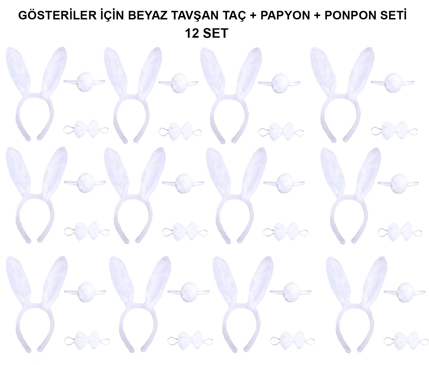 Beyaz Tavşan Kostüm Seti - Taç, Papyon, Kuyruk (12 li Paket)