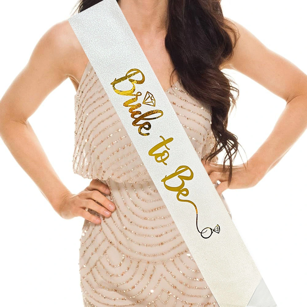 Beyaz Üzeri Altın İtalik Alyanslı Bride To Be Yazılı Simli Işıltılı Kuşak Kemer 10 Cm Genişlik