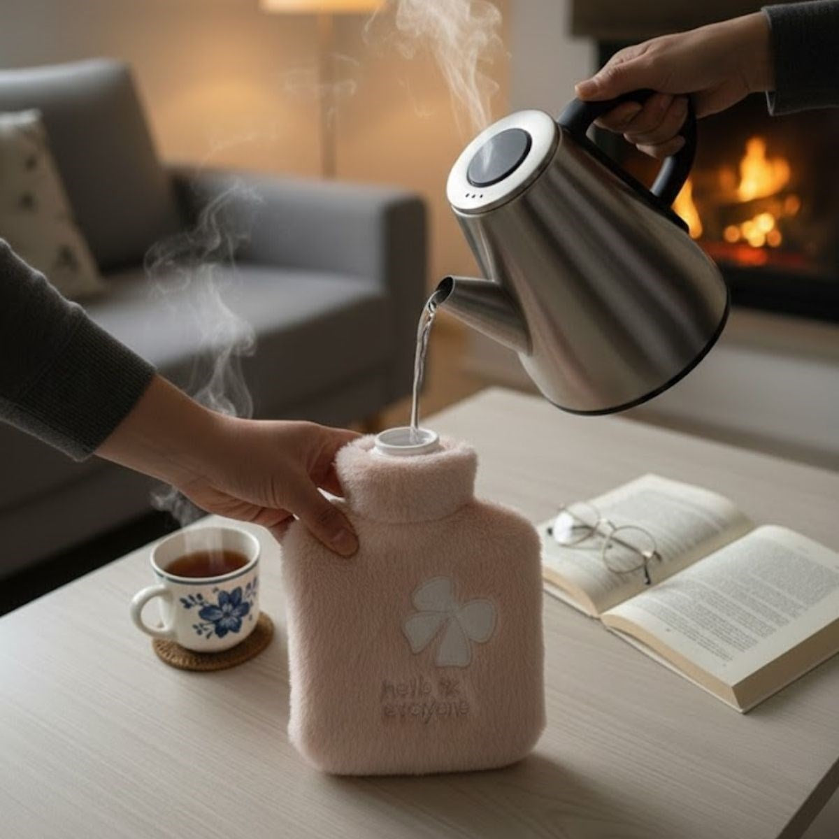 Hello Everyone Yazılı Kurdeleli Pembe Peluş Sıcak Su Torbası 1 Lt - Yumuşak Kılıf, Uzun Süre Sıcak Tutan Termal Su Torbası