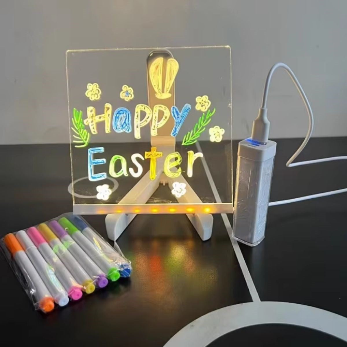 GENEL® LED Işıklı Kendiliğinden Renkli Fosforlu Kalemli Kare Yazı Panosu 20x20 cm - UcuzaGeliyor