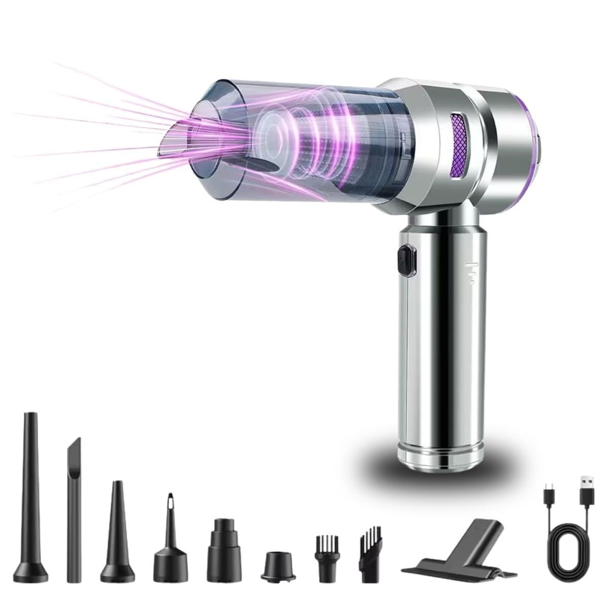 BUFFER® 9 Farklı Uçlu Kablosuz Şarjlı Araç İçi Süpürge - Wireless Destekli, Güçlü Emiş, Taşınabilir Pratik Araç Temizleyici - UcuzaGeliyor