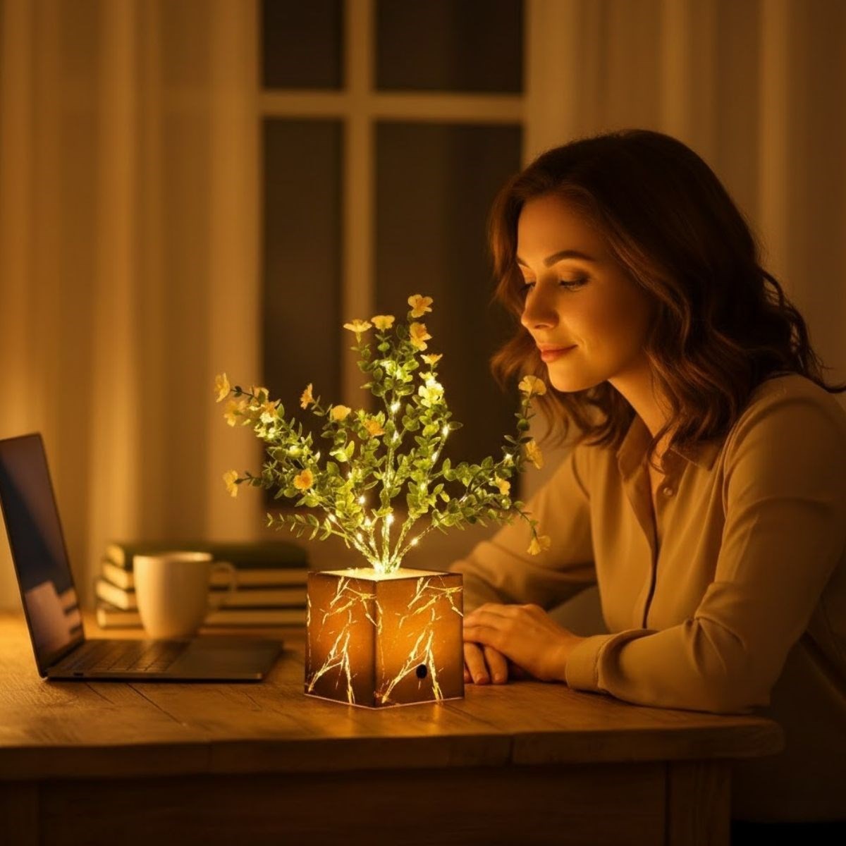 Işıklı Yapay Çiçek - Siyah Saksılı LED Dekoratif Bitki, Masaüstü ve Ev Ofis Aydınlatmalı Süs Bitkisi