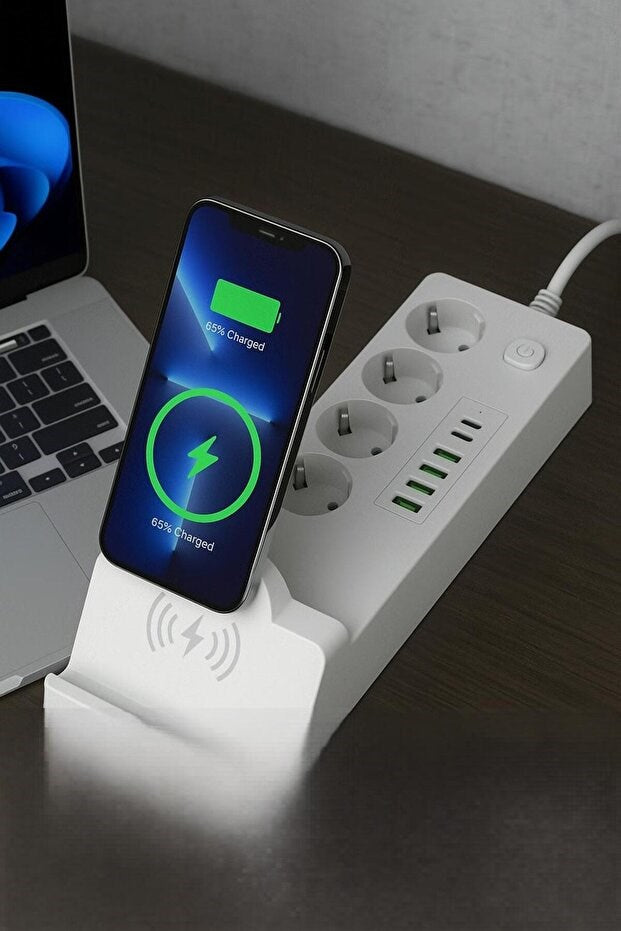 4'lü Akım Korumalı Priz ve Masaüstü Şarj İstasyonu 15W Kablosuz Şarj Standı Type-C Hızlı Şarj Çıkışı