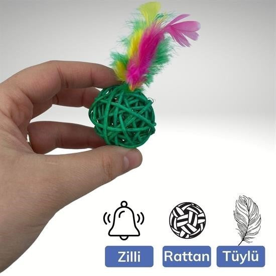 BUFFER® 2li Rattan Renkli Peluş Tüy Kedi Köpek Oyuncak Yakalama Çiğneme Çıngıraklı Top Oyuncağı - UcuzaGeliyor