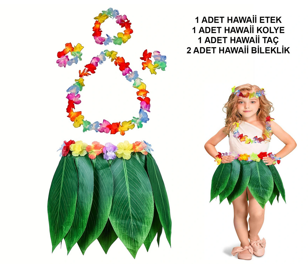 Çocuk Hawaii Kostüm Seti - Yaprak Etek & Hawaii Set - 5 Parça