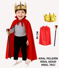 Çocuk Kral Kostüm Seti - Kırmızı Pelerin, Taç Ve Asa (90 Cm)