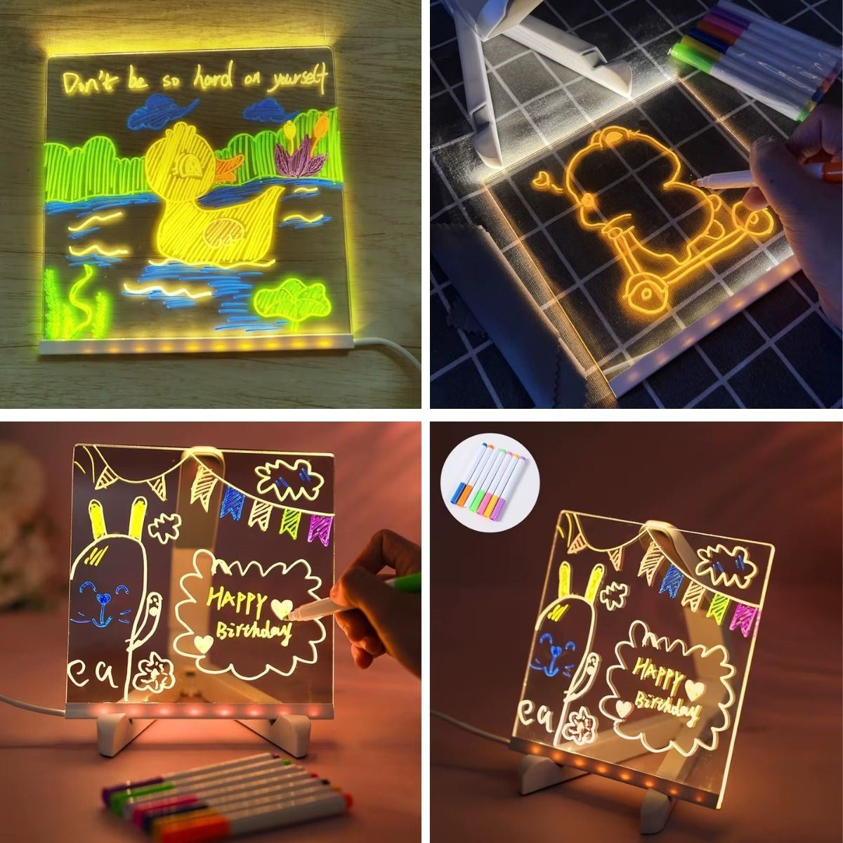 GENEL® LED Işıklı Kendiliğinden Renkli Fosforlu Kalemli Kare Yazı Panosu 20x20 cm - UcuzaGeliyor