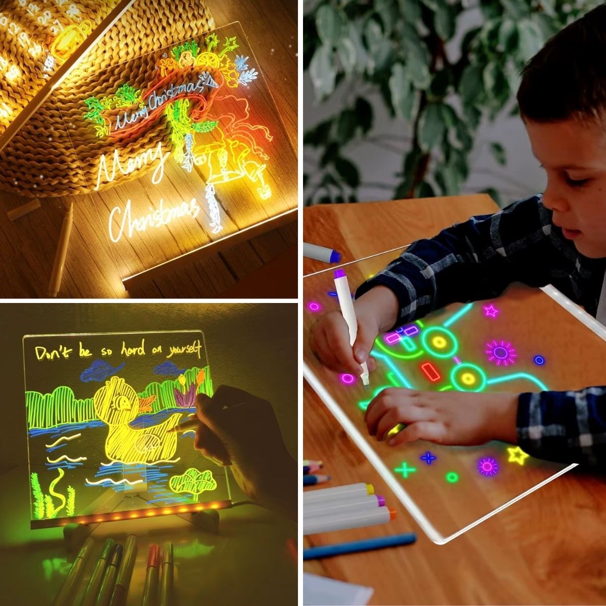 GENEL® LED Işıklı Kendiliğinden Renkli Fosforlu Kalemli Kare Yazı Panosu 20x20 cm - UcuzaGeliyor