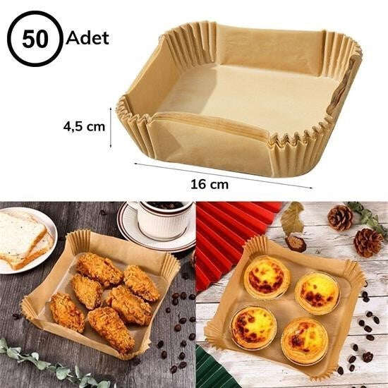 50 Adet Air Fryer Pişirme Kağıdı Tek Kullanımlık Hava Fritöz Yağ Geçirmez Yapışmaz Kare Tabak Model - UcuzaGeliyor