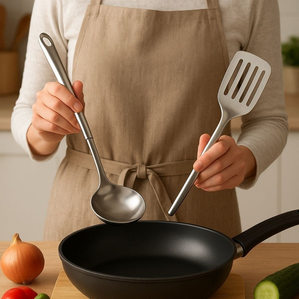 BUFFER® 4lü Çelik Kepçe,Süzgeç,Servis Kaşığı,Spatula Mutfak Yemek Hazırlama Servis Seti