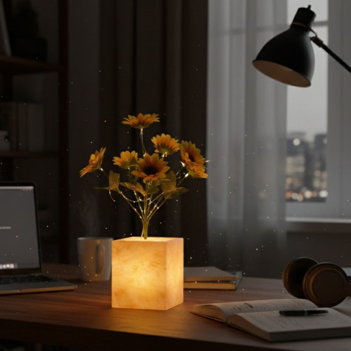 Işıklı Yapay Çiçek - Sarı Saksılı LED Dekoratif Bitki, Masaüstü ve Ev Ofis Aydınlatmalı Süs Bitkisi