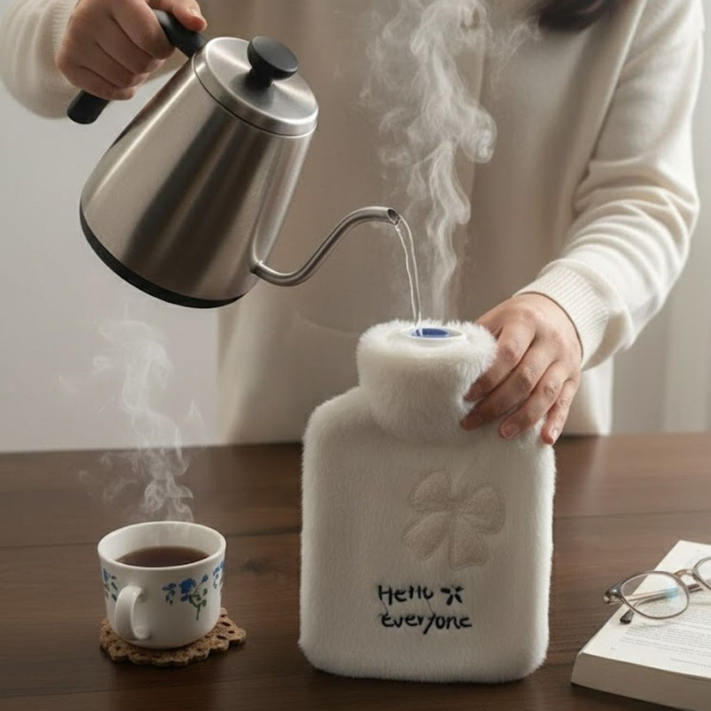 Hello Everyone Yazılı Kurdeleli Beyaz Peluş Sıcak Su Torbası 1 Lt - Yumuşak Kılıf, Uzun Süre Sıcak Tutan Termal Su Torbası