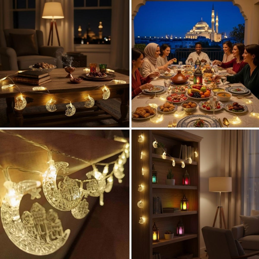 Hilal ve Cami Şekilli 3.5 Metre USB LED Işık - 20 LED li Dekoratif Ramazan Dekorasyonu ve Ortam Aydınlatması