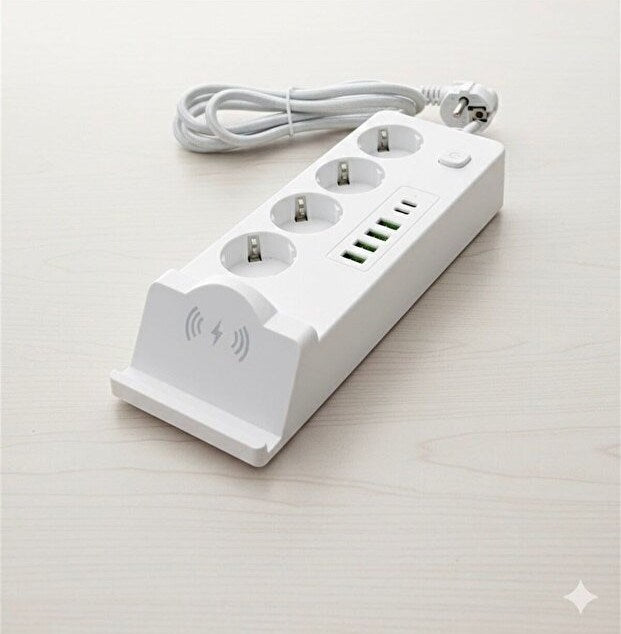 4'lü Akım Korumalı Priz ve Masaüstü Şarj İstasyonu 15W Kablosuz Şarj Standı Type-C Hızlı Şarj Çıkışı