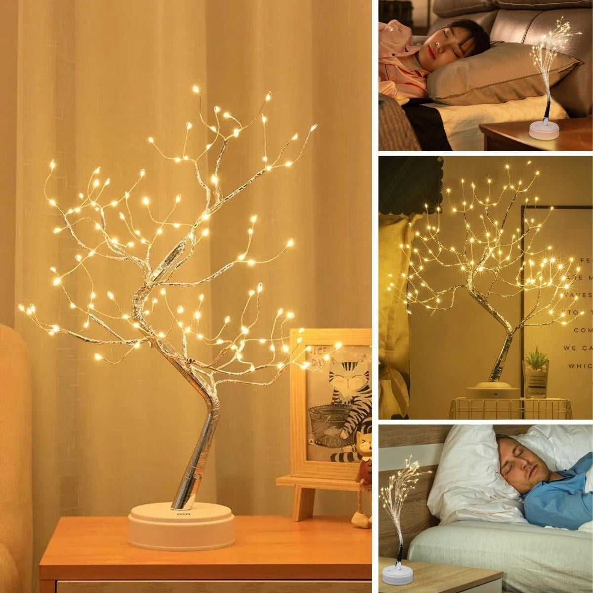 Masaüstü Peri Ağaç LED Lamba - Gün Işığı Rengi, 3 Kademeli Işık Ayarlı, Şarjlı Dekoratif Ortam Aydınlatması