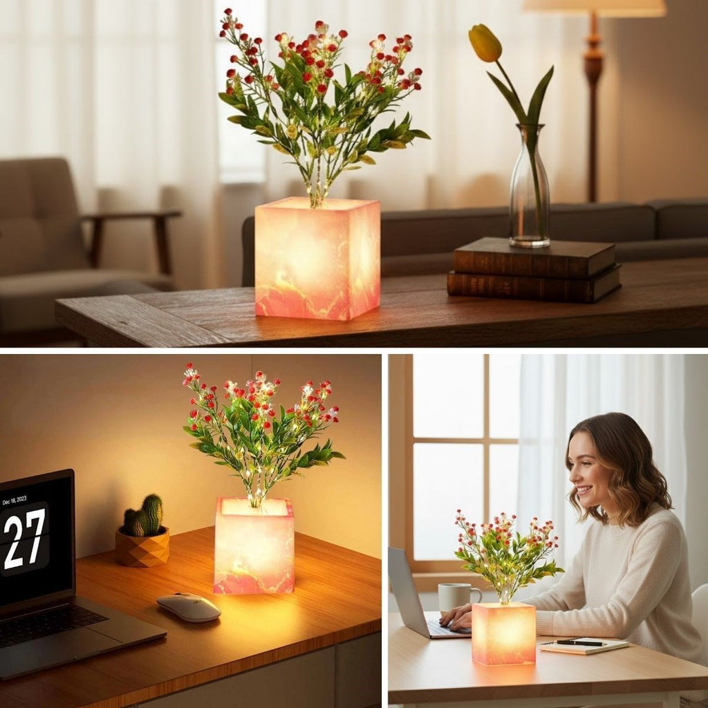 Işıklı Yapay Çiçek - Pembe Saksılı LED Dekoratif Bitki, Masaüstü ve Ev Ofis Aydınlatmalı Süs Bitkisi