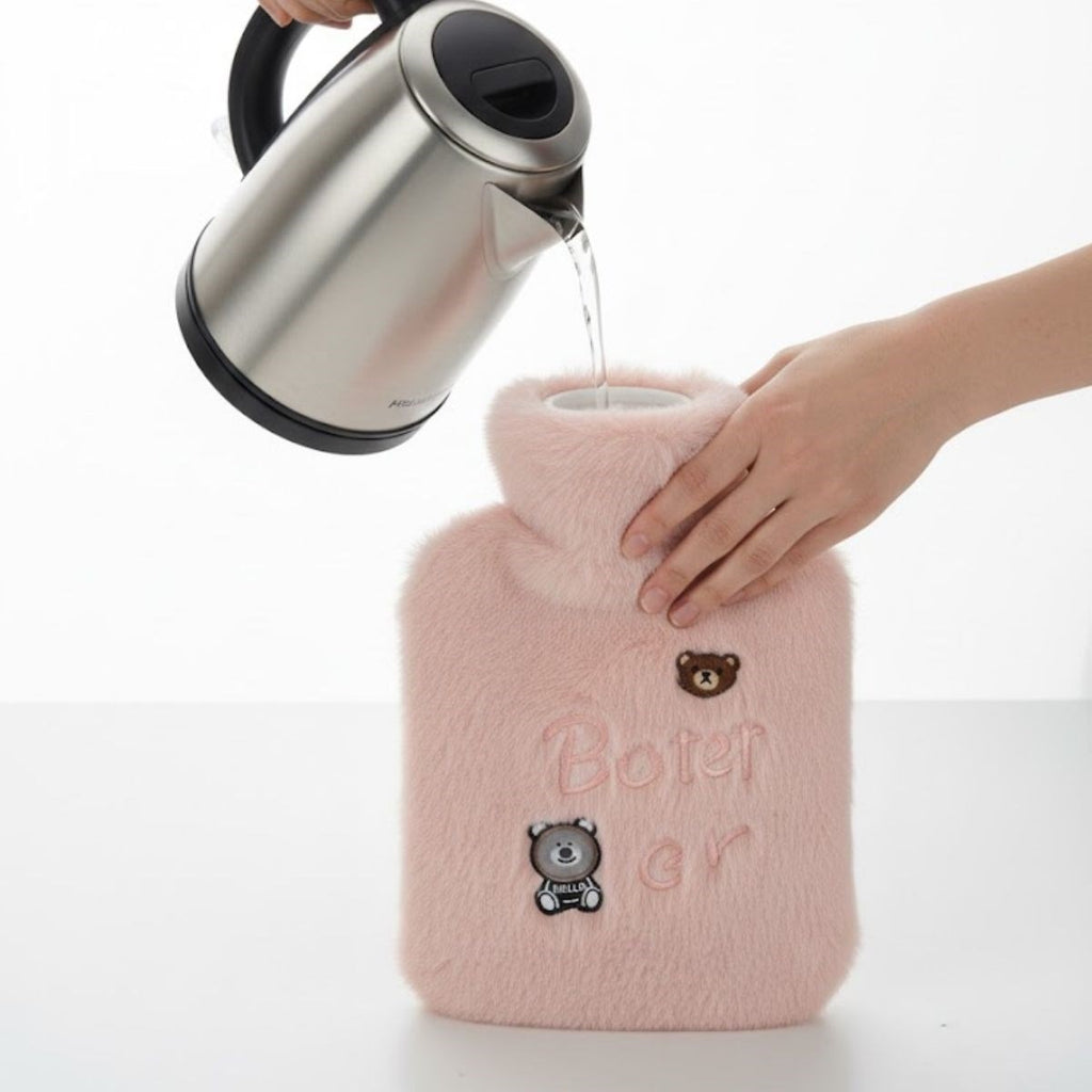 Işıklı Ayıcıklı Figürlü Pembe Peluş Sıcak Su Torbası 1 Lt - Yumuşak Kılıf, Uzun Süre Sıcak Tutan Termal Su Torbası
