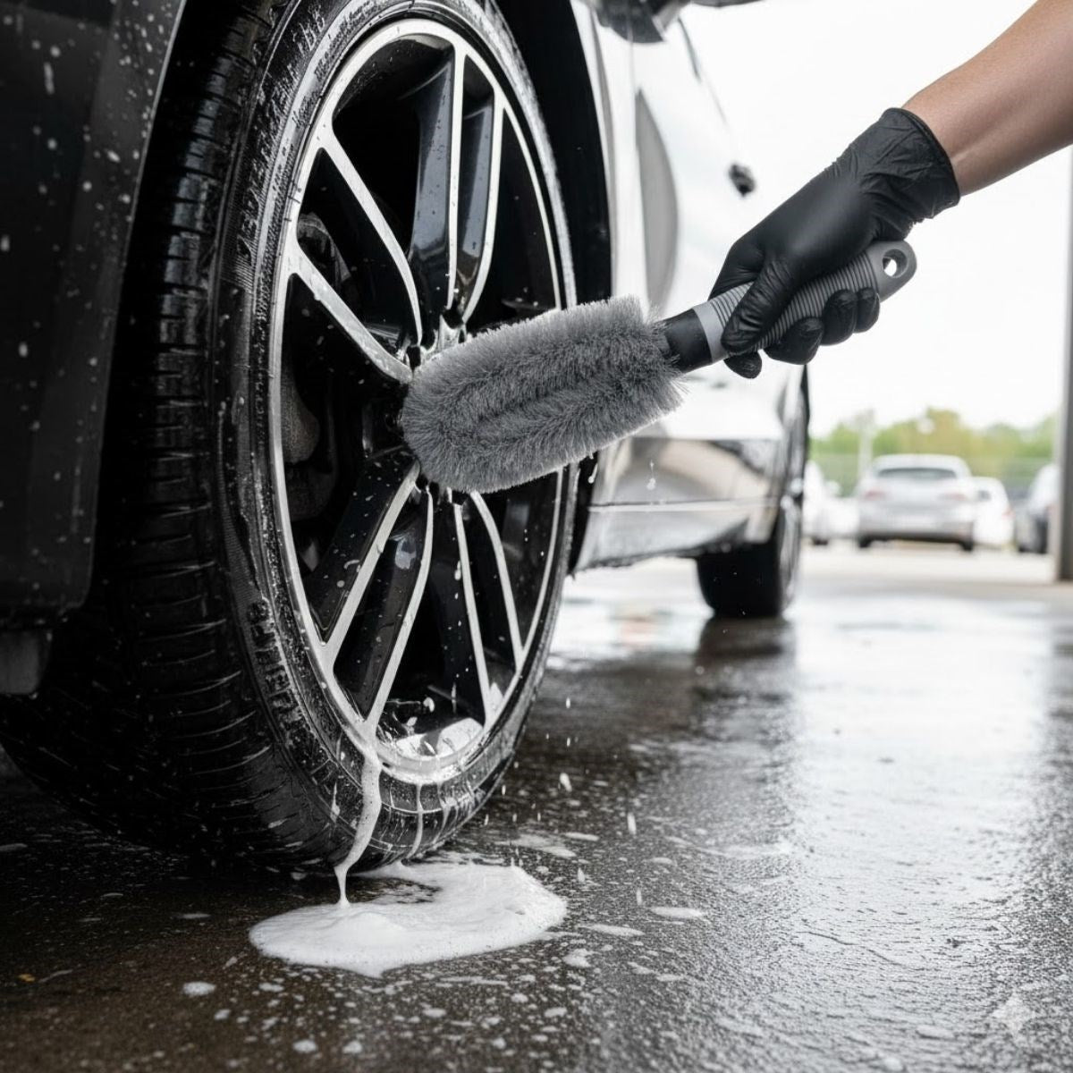 Gri Oto Jant Temizleme Fırçası - Ergonomik Saplı, Lastik ve Jant Detay Temizliği İçin Güçlü Kıllı Fırça