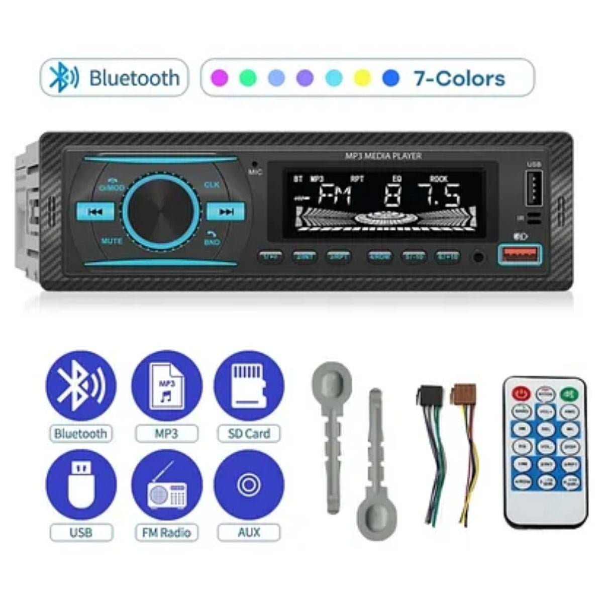 ucuzageliyor® 7 Farklı Renkli Oto Teyp - Bluetooth & USB & AUX & FM Destekli Araç İçi Radyo
