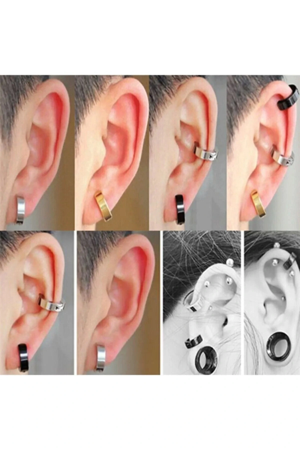 Erkek Küpesi - 2 Adet Çelik Kıstırmalı Küpe Paslanmaz Atmaz Çelik Gümüş Renk Küpe