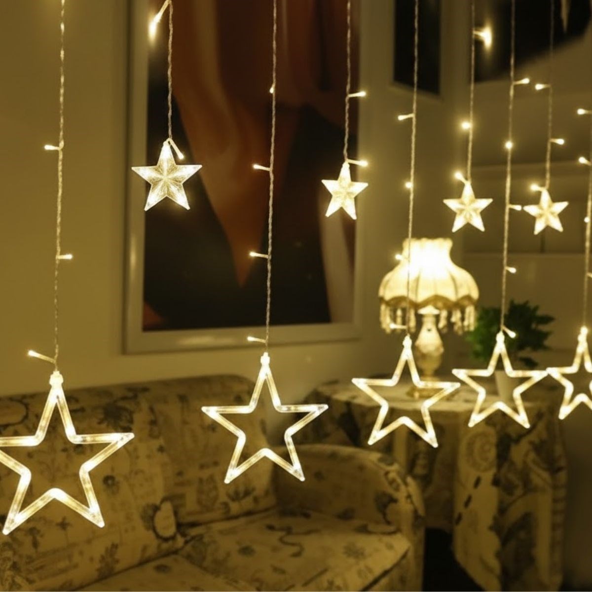 Kumandalı Yıldız Figürlü 12 Sarkıtlı 120 LED Uzaktan Kumandalı Dekor Işık - Masaüstü ve Ortam Aydınlatması