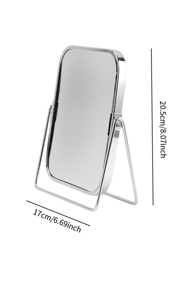 Gümüş Renk Ayarlanabilir KARE Metal Ayaklı Masa Üstü Makyaj Aynası -360° Döner,Şık Dekoratif Tasarım