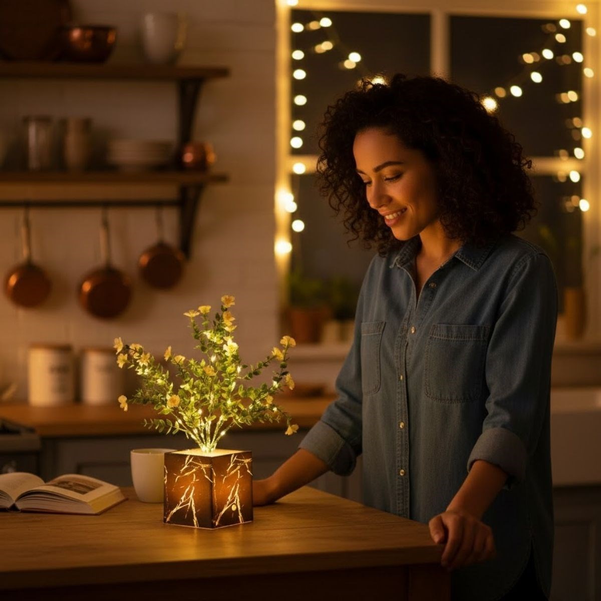 Işıklı Yapay Çiçek - Siyah Saksılı LED Dekoratif Bitki, Masaüstü ve Ev Ofis Aydınlatmalı Süs Bitkisi