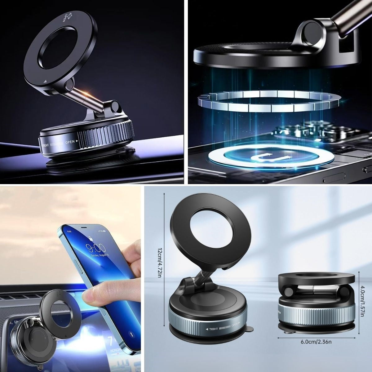 360° Döner Başlıklı Vakumlu Emişli Manyetik Telefon Tutucu - Güçlü Mıknatıslı, İz Bırakmaz