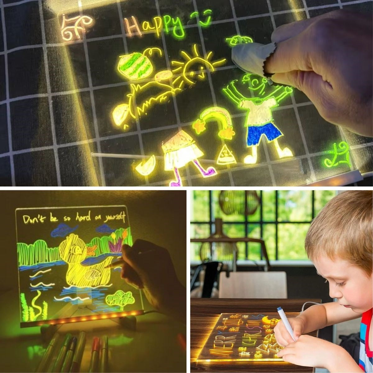 GENEL® LED Işıklı Kendiliğinden Renkli Fosforlu Kalemli Kare Yazı Panosu 20x20 cm - UcuzaGeliyor