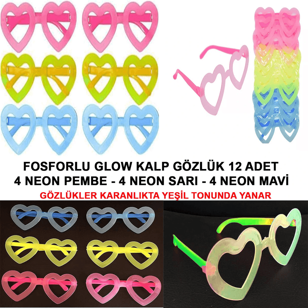 Fosforlu Kalp Model Glow Parti Gözlüğü Karanlıkta Yanan Gözlükler 12 Adet
